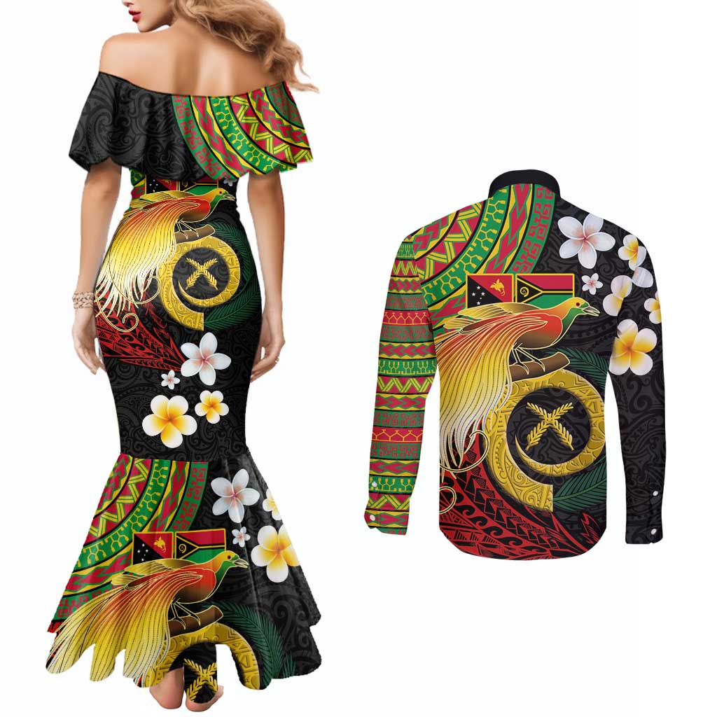Vanuatu and Papua New Guinea Together Couples Matching Mermaid Dress and Long Sleeve Button Shirt Bird-of-paradise and Pig Tusk Melanesian Pattern