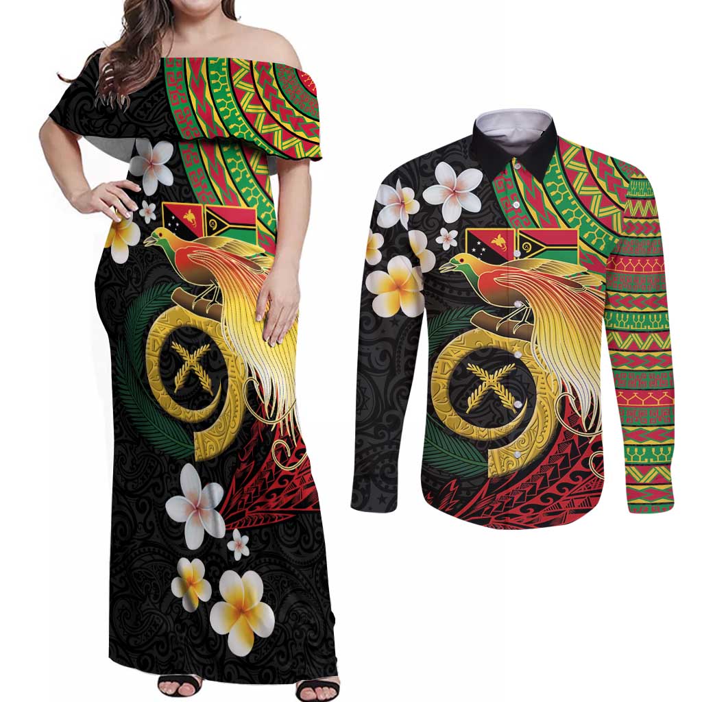 Vanuatu and Papua New Guinea Together Couples Matching Off Shoulder Maxi Dress and Long Sleeve Button Shirt Bird-of-paradise and Pig Tusk Melanesian Pattern