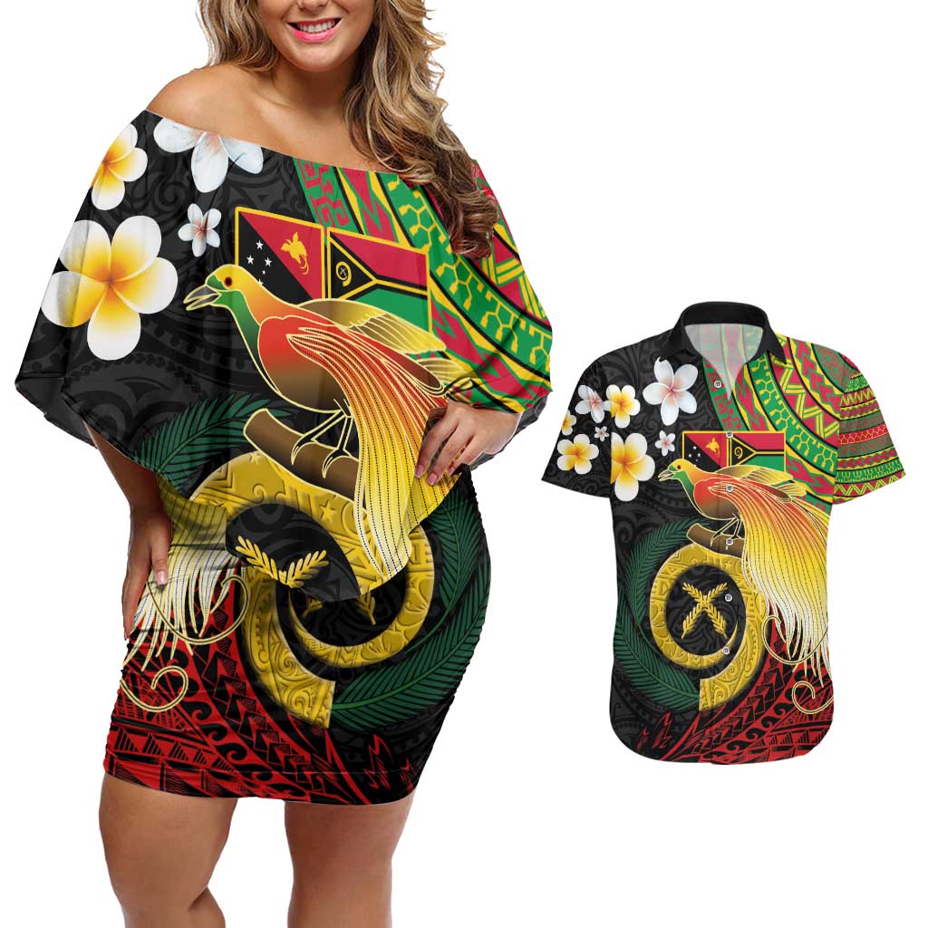 Vanuatu and Papua New Guinea Together Couples Matching Off Shoulder Short Dress and Hawaiian Shirt Bird-of-paradise and Pig Tusk Melanesian Pattern