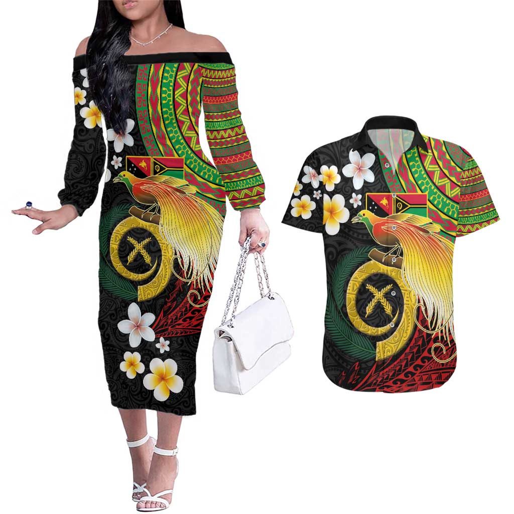 Vanuatu and Papua New Guinea Together Couples Matching Off The Shoulder Long Sleeve Dress and Hawaiian Shirt Bird-of-paradise and Pig Tusk Melanesian Pattern