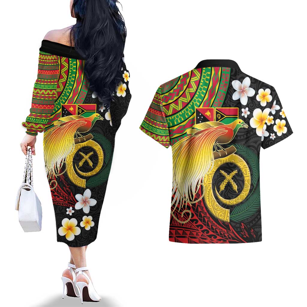 Vanuatu and Papua New Guinea Together Couples Matching Off The Shoulder Long Sleeve Dress and Hawaiian Shirt Bird-of-paradise and Pig Tusk Melanesian Pattern