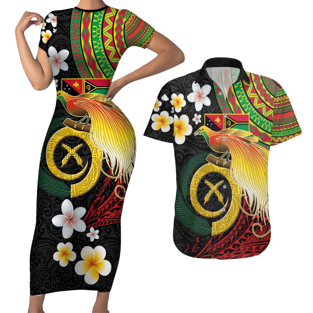 Vanuatu and Papua New Guinea Together Couples Matching Short Sleeve Bodycon Dress and Hawaiian Shirt Bird-of-paradise and Pig Tusk Melanesian Pattern