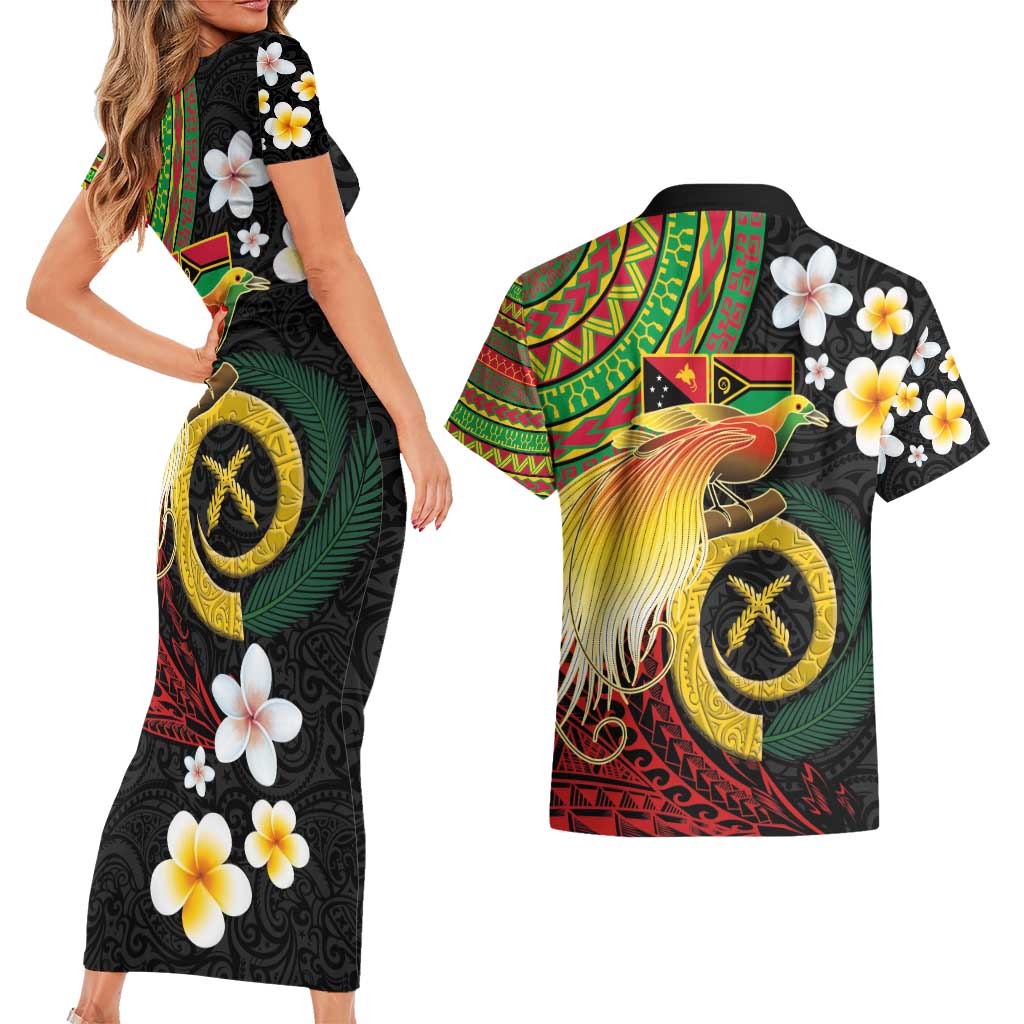 Vanuatu and Papua New Guinea Together Couples Matching Short Sleeve Bodycon Dress and Hawaiian Shirt Bird-of-paradise and Pig Tusk Melanesian Pattern