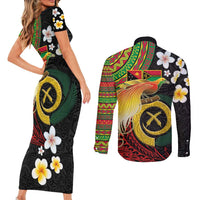 Vanuatu and Papua New Guinea Together Couples Matching Short Sleeve Bodycon Dress and Long Sleeve Button Shirt Bird-of-paradise and Pig Tusk Melanesian Pattern