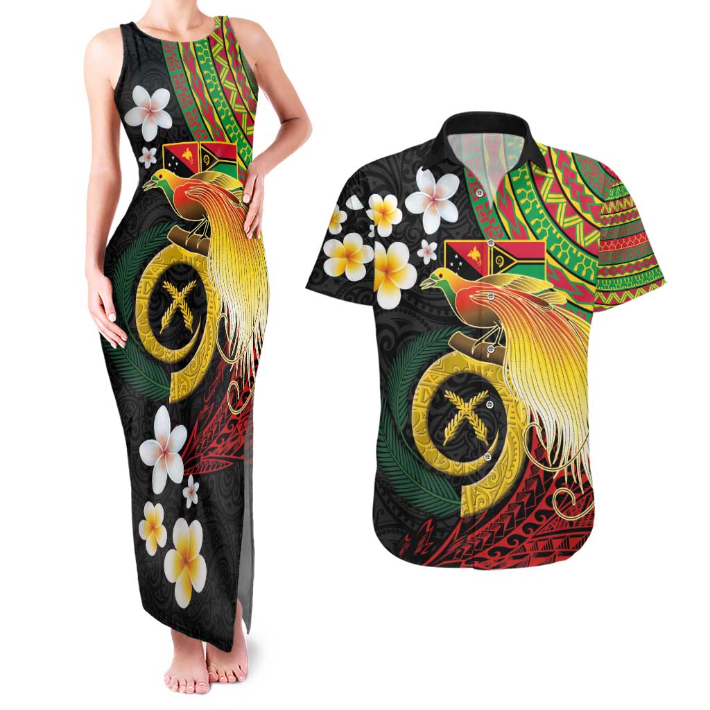 Vanuatu and Papua New Guinea Together Couples Matching Tank Maxi Dress and Hawaiian Shirt Bird-of-paradise and Pig Tusk Melanesian Pattern