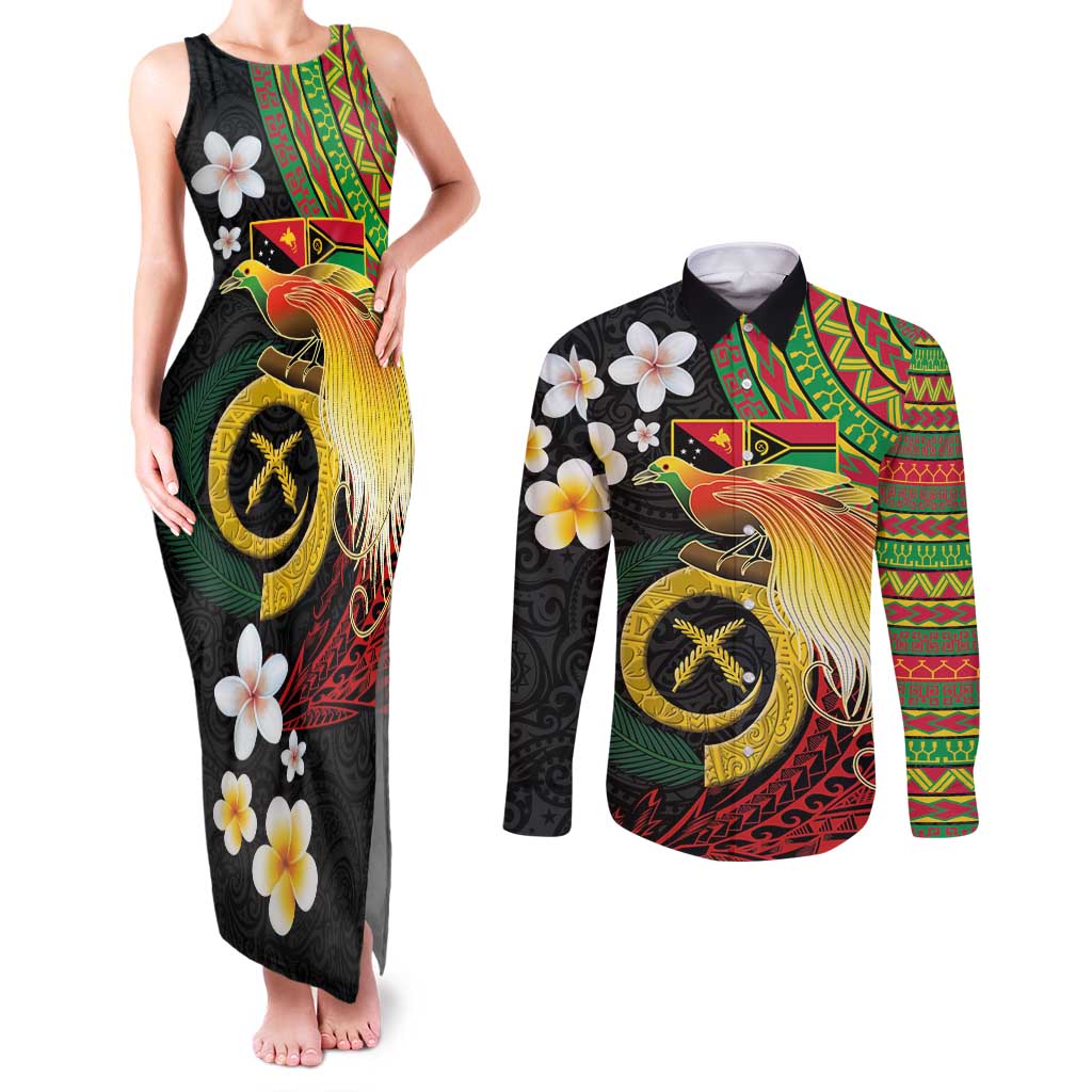 Vanuatu and Papua New Guinea Together Couples Matching Tank Maxi Dress and Long Sleeve Button Shirt Bird-of-paradise and Pig Tusk Melanesian Pattern