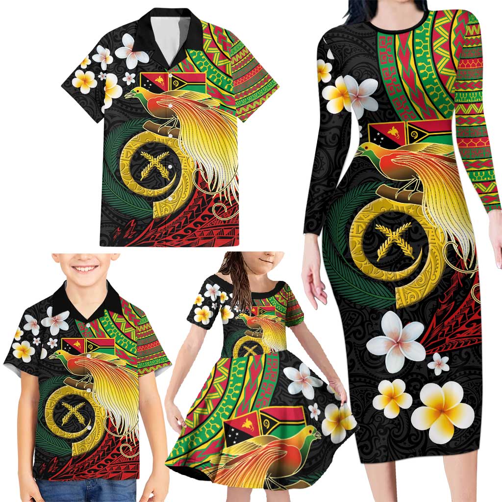 Vanuatu and Papua New Guinea Together Family Matching Long Sleeve Bodycon Dress and Hawaiian Shirt Bird-of-paradise and Pig Tusk Melanesian Pattern
