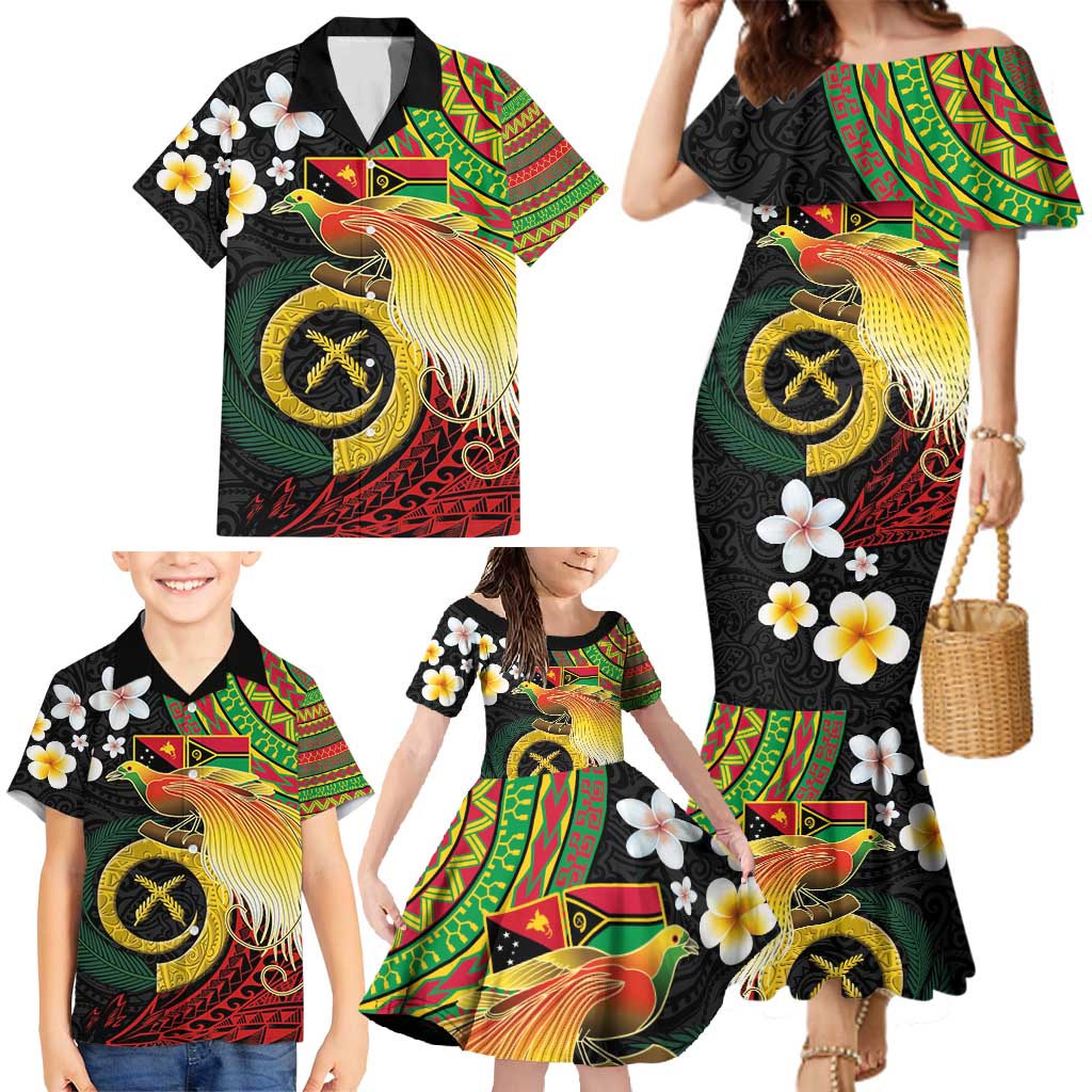 Vanuatu and Papua New Guinea Together Family Matching Mermaid Dress and Hawaiian Shirt Bird-of-paradise and Pig Tusk Melanesian Pattern