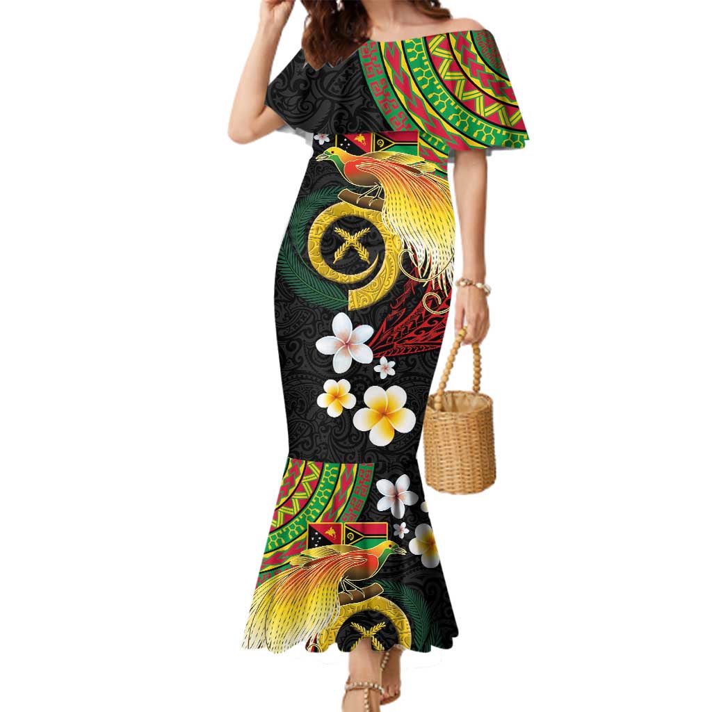 Vanuatu and Papua New Guinea Together Family Matching Mermaid Dress and Hawaiian Shirt Bird-of-paradise and Pig Tusk Melanesian Pattern