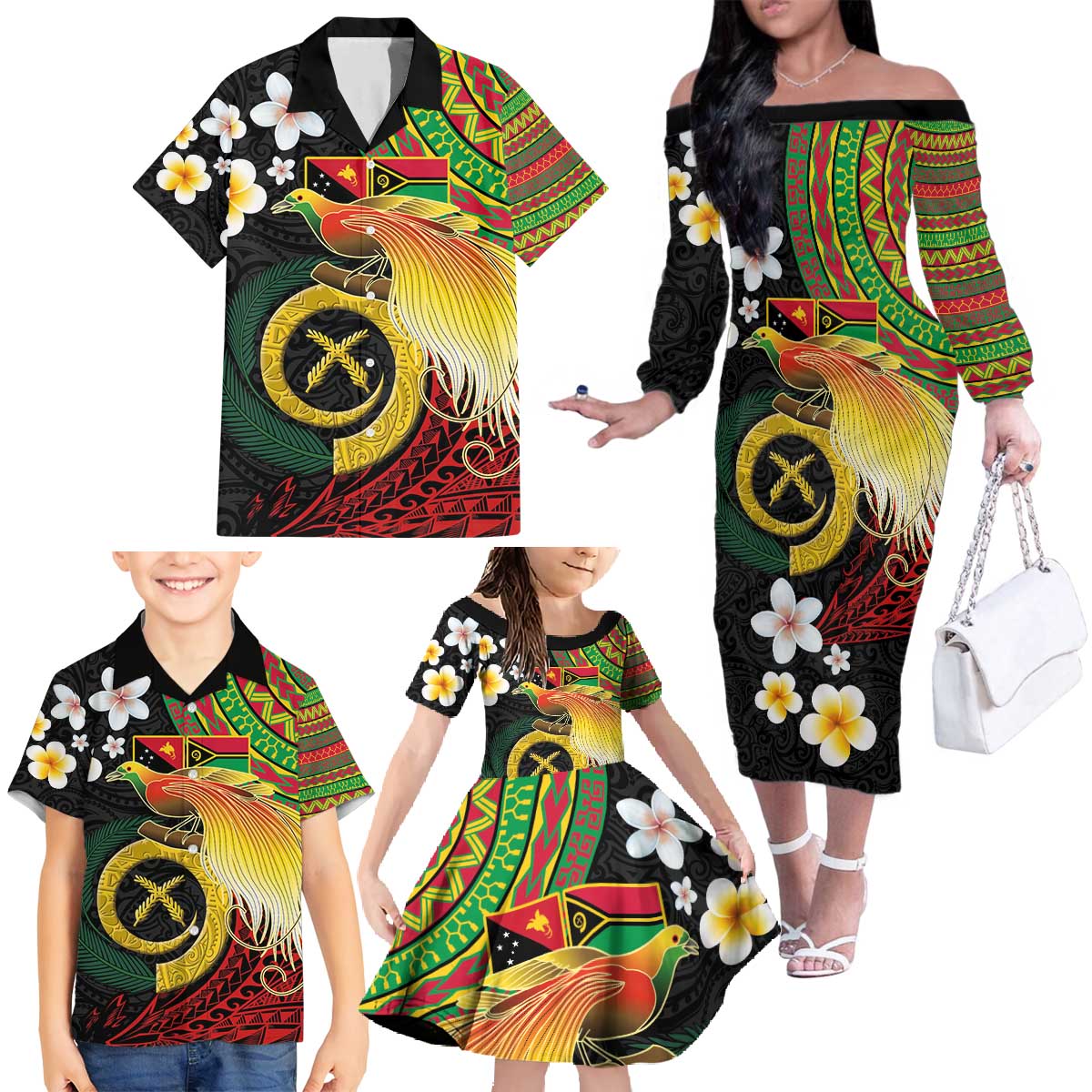 Vanuatu and Papua New Guinea Together Family Matching Off The Shoulder Long Sleeve Dress and Hawaiian Shirt Bird-of-paradise and Pig Tusk Melanesian Pattern