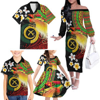Vanuatu and Papua New Guinea Together Family Matching Off The Shoulder Long Sleeve Dress and Hawaiian Shirt Bird-of-paradise and Pig Tusk Melanesian Pattern