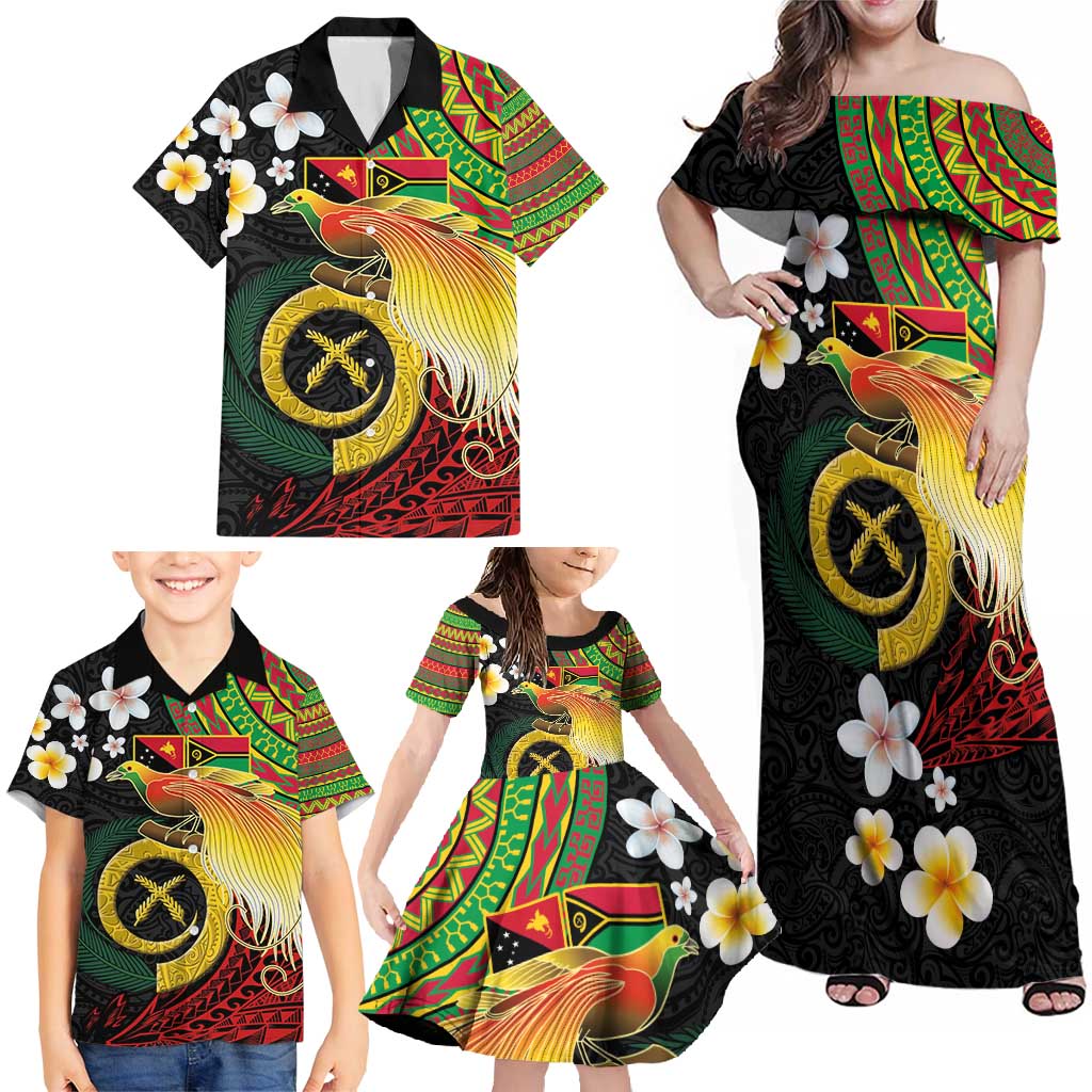 Vanuatu and Papua New Guinea Together Family Matching Off Shoulder Maxi Dress and Hawaiian Shirt Bird-of-paradise and Pig Tusk Melanesian Pattern