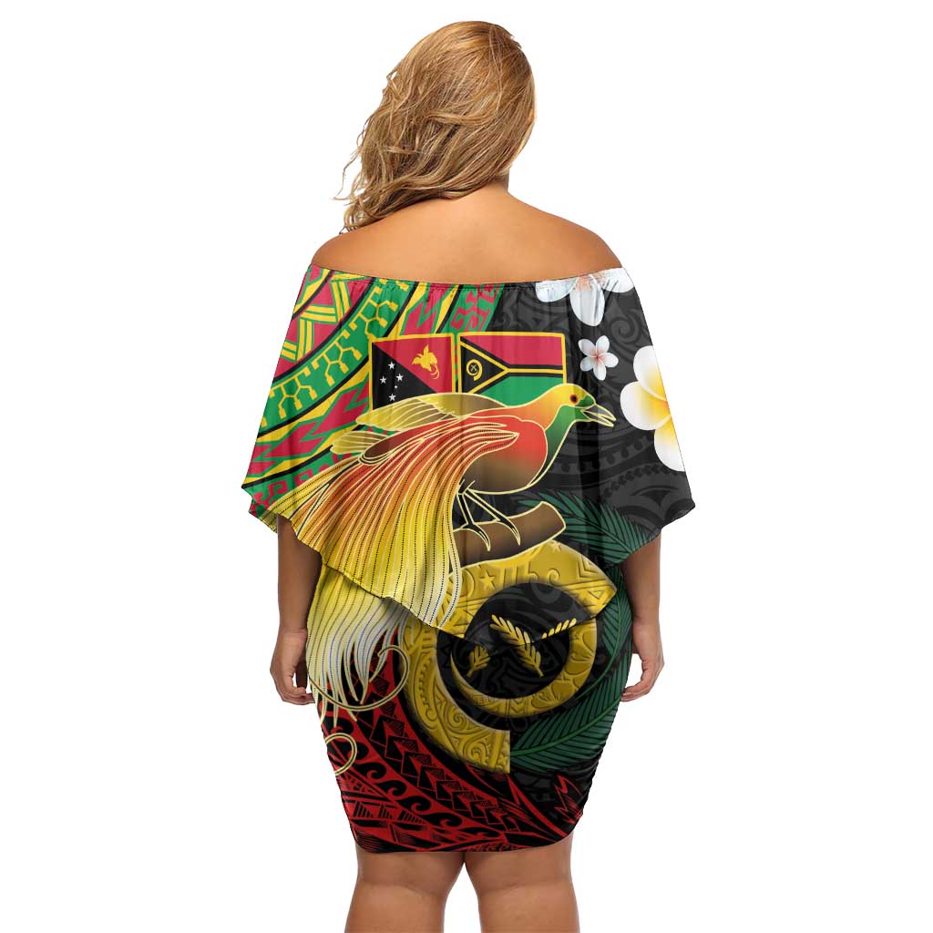 Vanuatu and Papua New Guinea Together Family Matching Off Shoulder Short Dress and Hawaiian Shirt Bird-of-paradise and Pig Tusk Melanesian Pattern