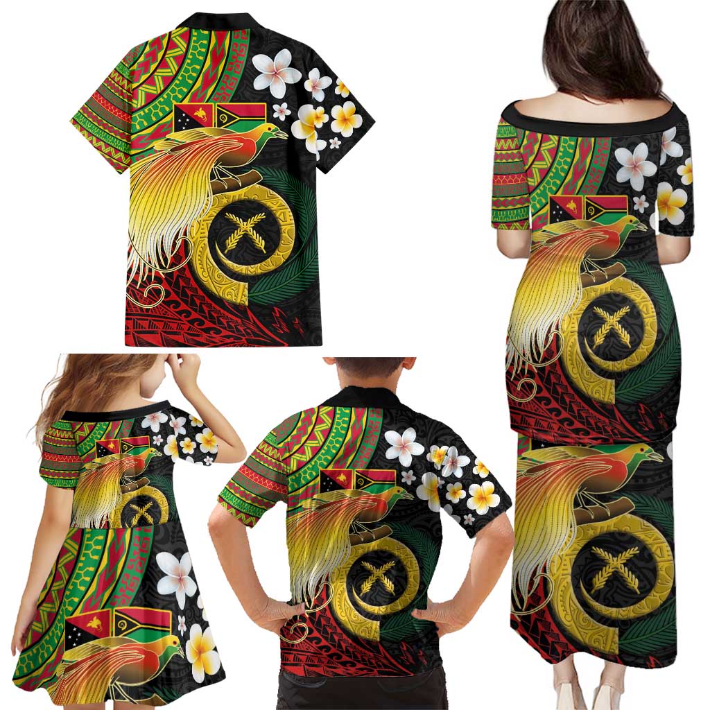 Vanuatu and Papua New Guinea Together Family Matching Puletasi and Hawaiian Shirt Bird-of-paradise and Pig Tusk Melanesian Pattern