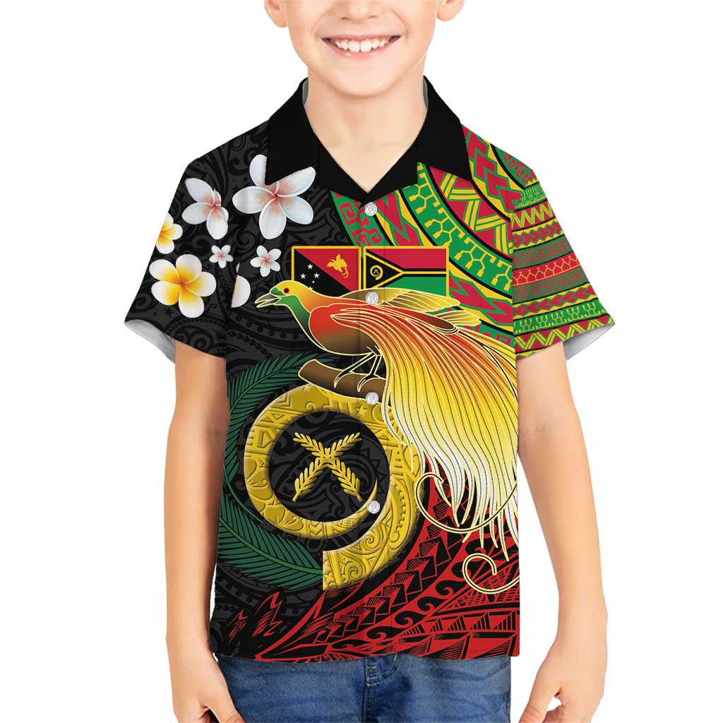 Vanuatu and Papua New Guinea Together Family Matching Puletasi and Hawaiian Shirt Bird-of-paradise and Pig Tusk Melanesian Pattern