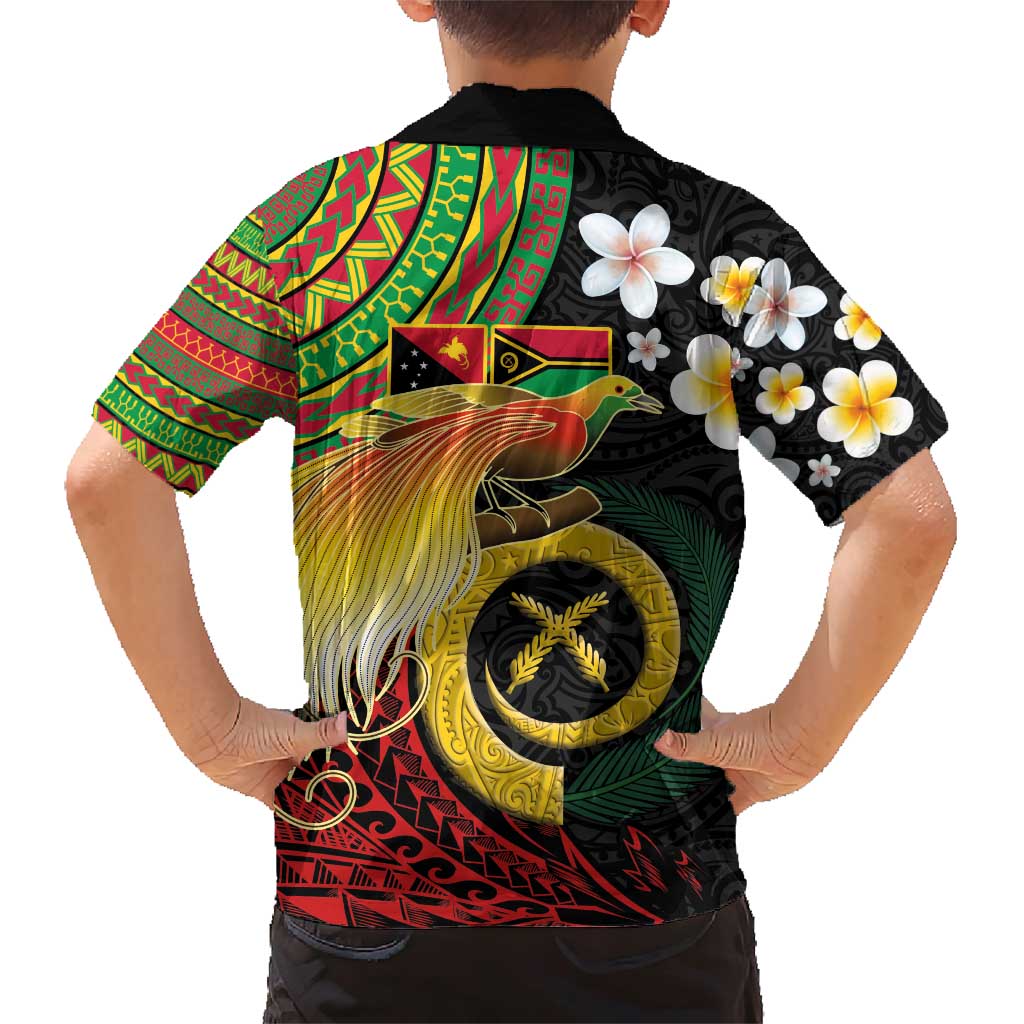 Vanuatu and Papua New Guinea Together Family Matching Short Sleeve Bodycon Dress and Hawaiian Shirt Bird-of-paradise and Pig Tusk Melanesian Pattern