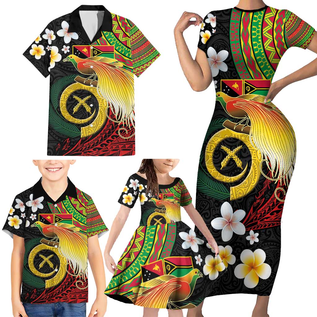 Vanuatu and Papua New Guinea Together Family Matching Short Sleeve Bodycon Dress and Hawaiian Shirt Bird-of-paradise and Pig Tusk Melanesian Pattern