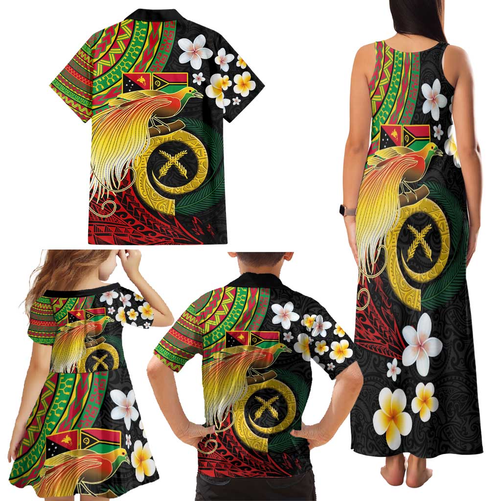 Vanuatu and Papua New Guinea Together Family Matching Tank Maxi Dress and Hawaiian Shirt Bird-of-paradise and Pig Tusk Melanesian Pattern