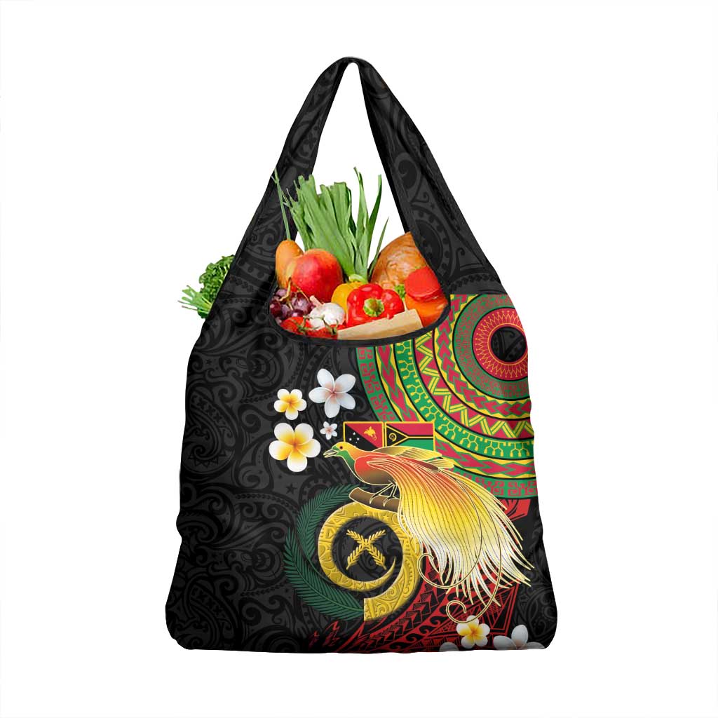 Vanuatu and Papua New Guinea Together Grocery Bag Bird-of-paradise and Pig Tusk Melanesian Pattern