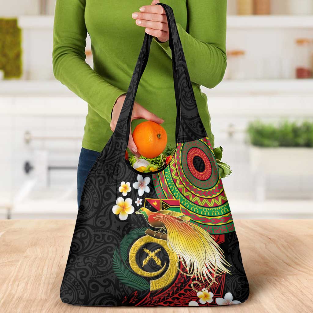 Vanuatu and Papua New Guinea Together Grocery Bag Bird-of-paradise and Pig Tusk Melanesian Pattern