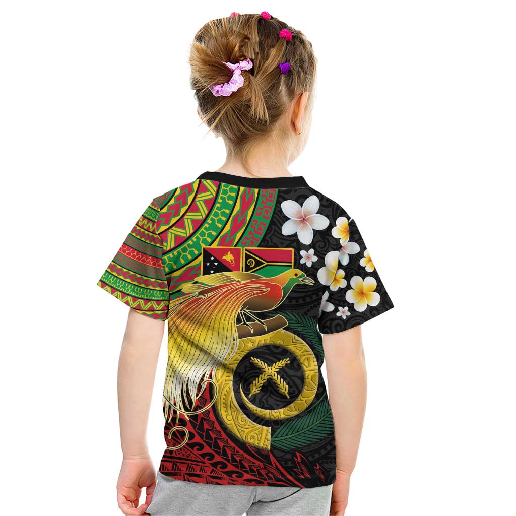 Vanuatu and Papua New Guinea Together Kid T Shirt Bird-of-paradise and Pig Tusk Melanesian Pattern