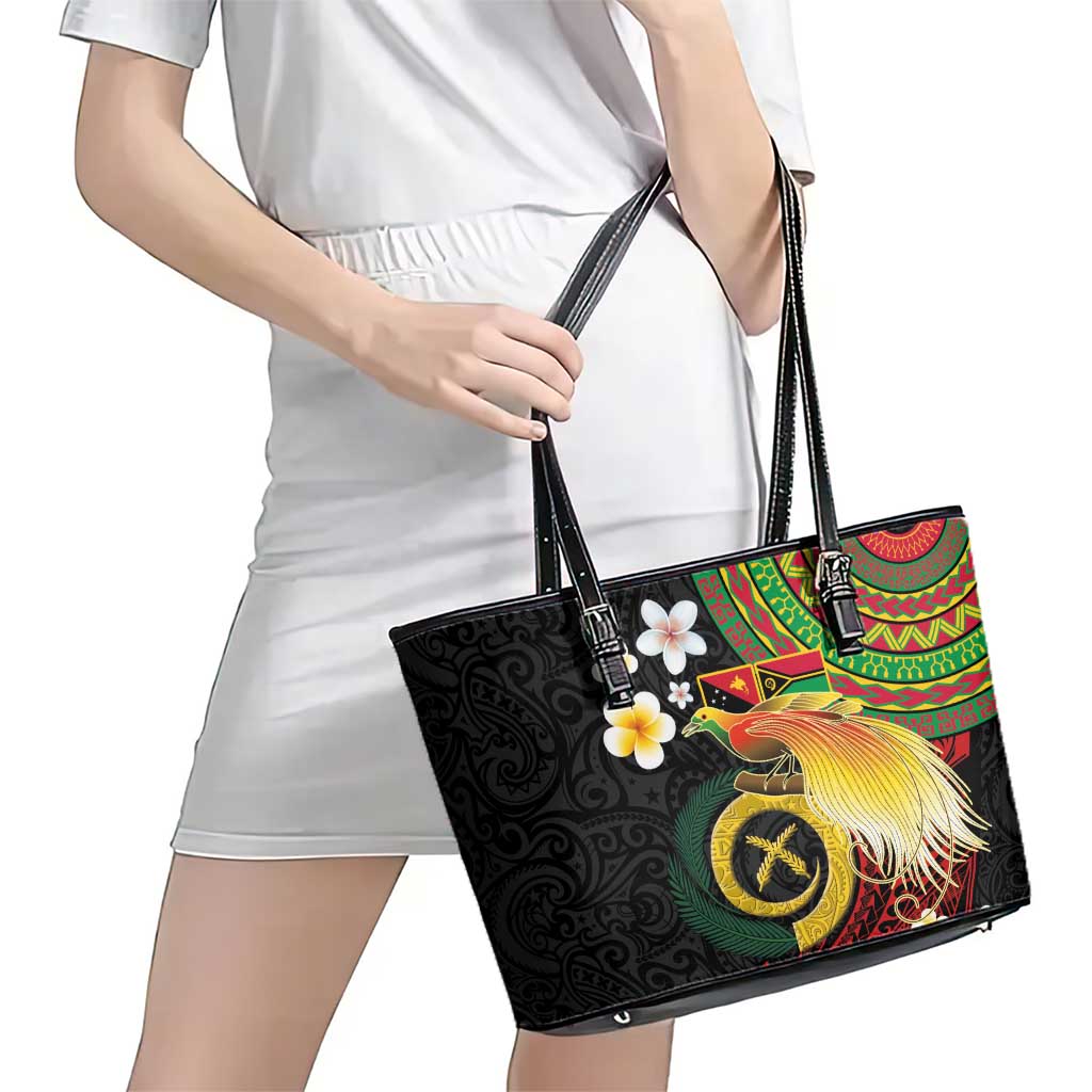 Vanuatu and Papua New Guinea Together Leather Tote Bag Bird-of-paradise and Pig Tusk Melanesian Pattern
