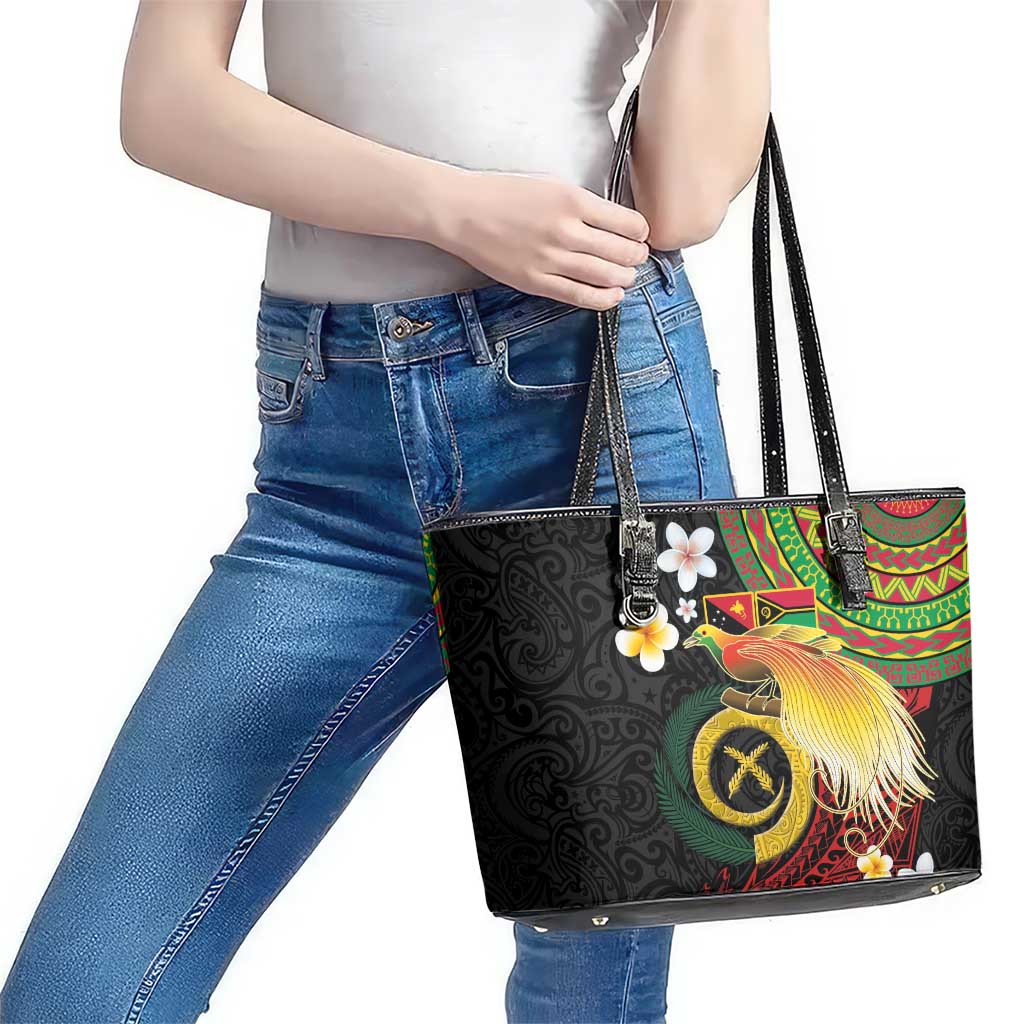 Vanuatu and Papua New Guinea Together Leather Tote Bag Bird-of-paradise and Pig Tusk Melanesian Pattern