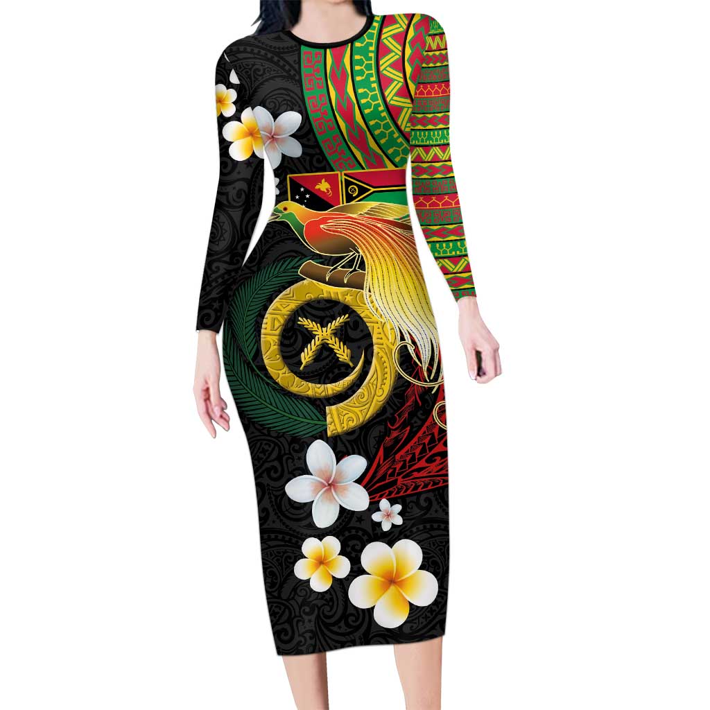Vanuatu and Papua New Guinea Together Long Sleeve Bodycon Dress Bird-of-paradise and Pig Tusk Melanesian Pattern