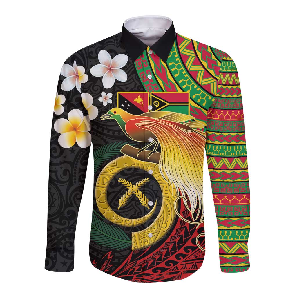 Vanuatu and Papua New Guinea Together Long Sleeve Button Shirt Bird-of-paradise and Pig Tusk Melanesian Pattern
