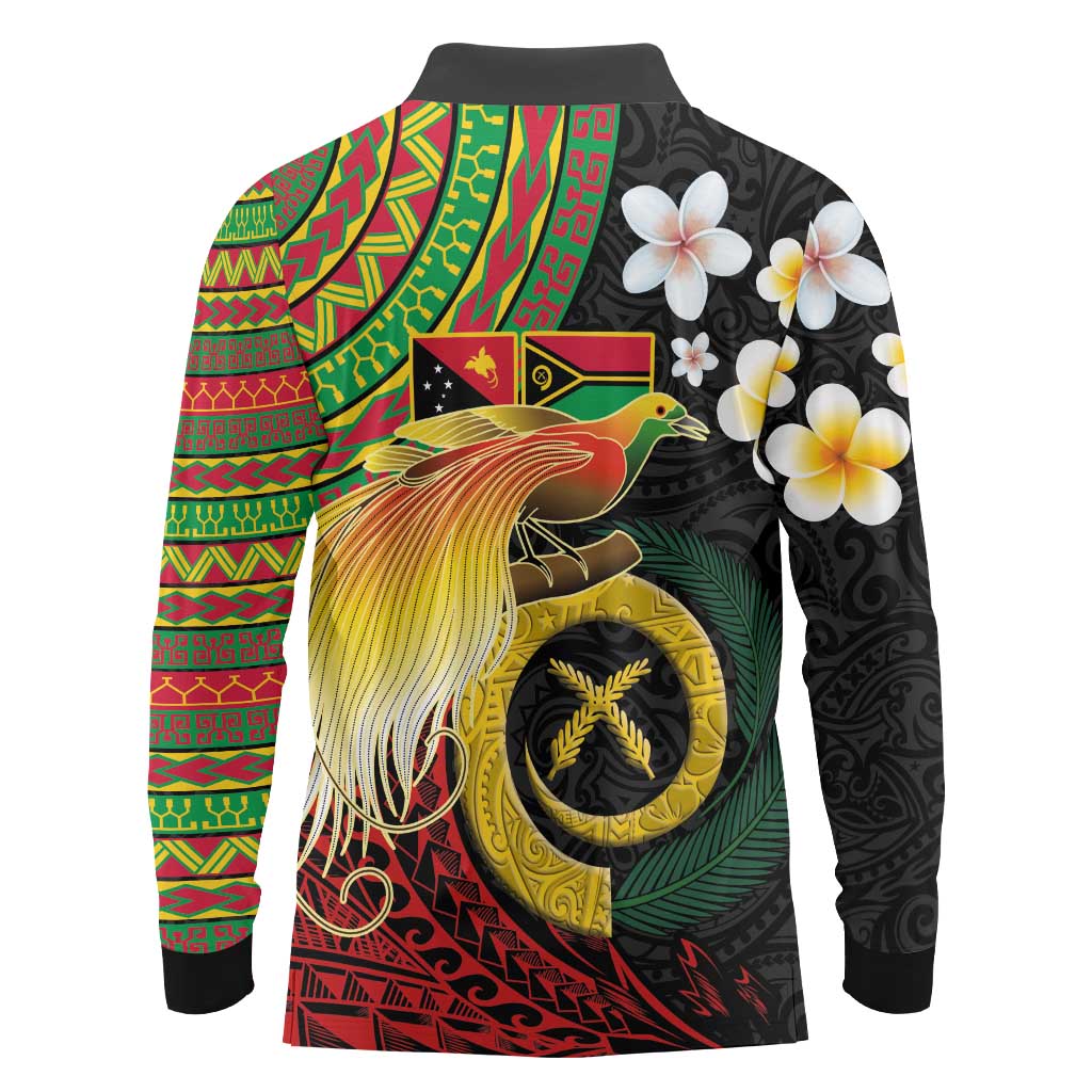 Vanuatu and Papua New Guinea Together Long Sleeve Polo Shirt Bird-of-paradise and Pig Tusk Melanesian Pattern