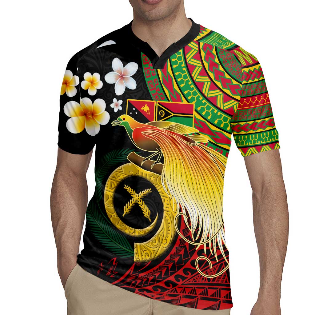 Vanuatu and Papua New Guinea Together Rugby Jersey Bird-of-paradise and Pig Tusk Melanesian Pattern