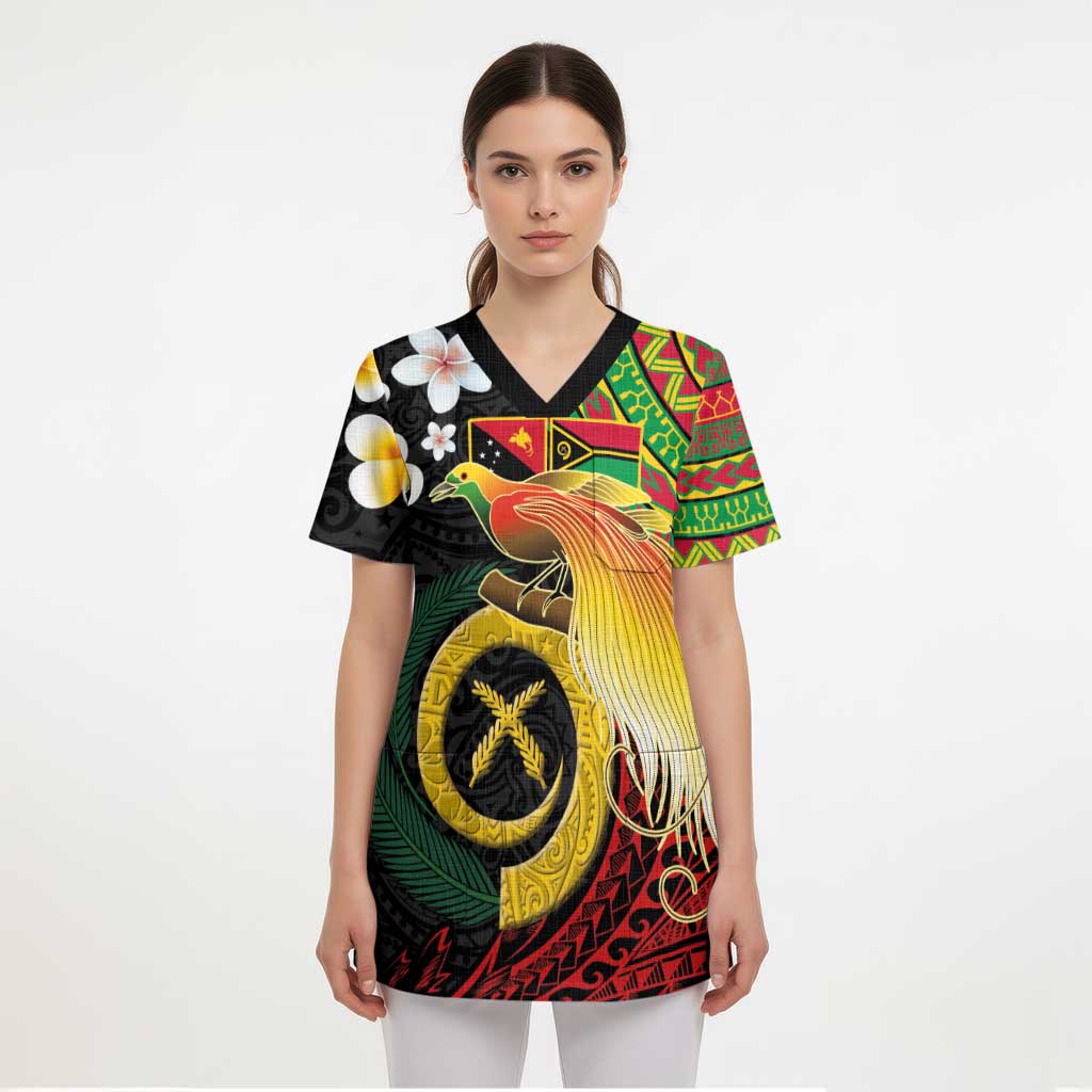 Vanuatu and Papua New Guinea Together Scrub Top Bird-of-paradise and Pig Tusk Melanesian Pattern - Polynesian Pride