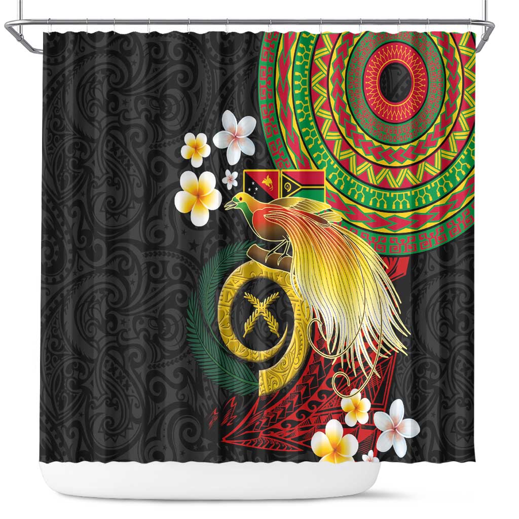 Vanuatu and Papua New Guinea Together Shower Curtain Bird-of-paradise and Pig Tusk Melanesian Pattern