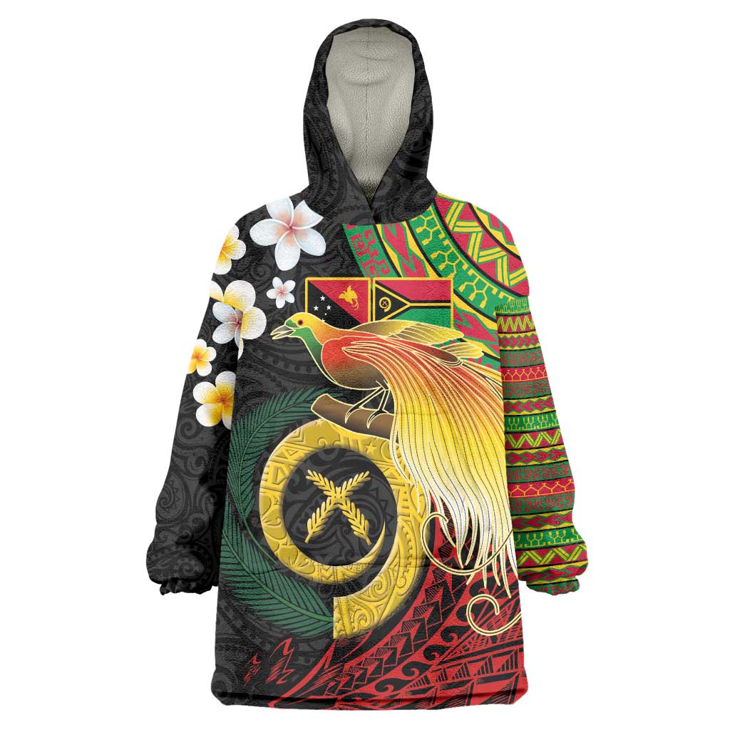 Vanuatu and Papua New Guinea Together Wearable Blanket Hoodie Bird-of-paradise and Pig Tusk Melanesian Pattern