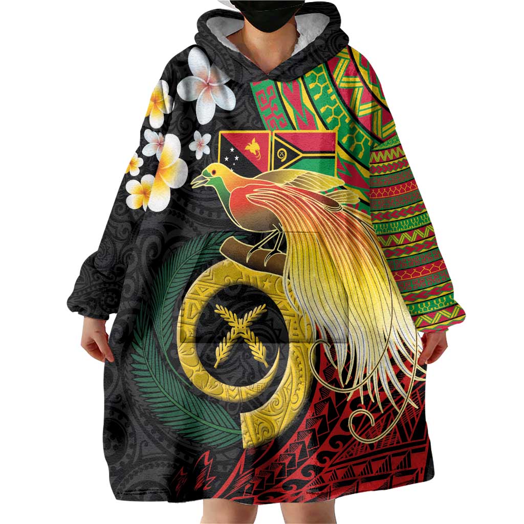 Vanuatu and Papua New Guinea Together Wearable Blanket Hoodie Bird-of-paradise and Pig Tusk Melanesian Pattern