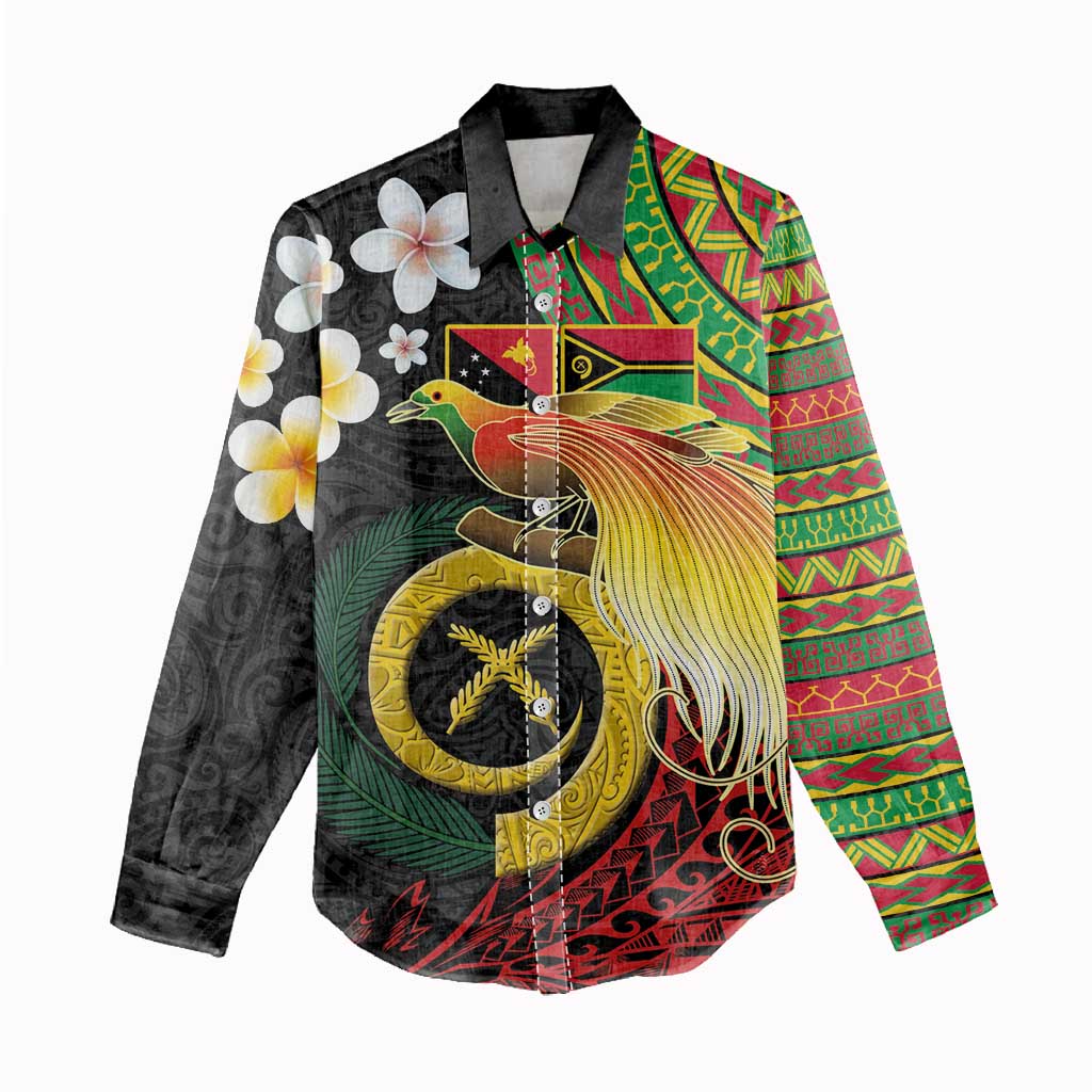 Vanuatu and Papua New Guinea Together Women Casual Shirt Bird-of-paradise and Pig Tusk Melanesian Pattern