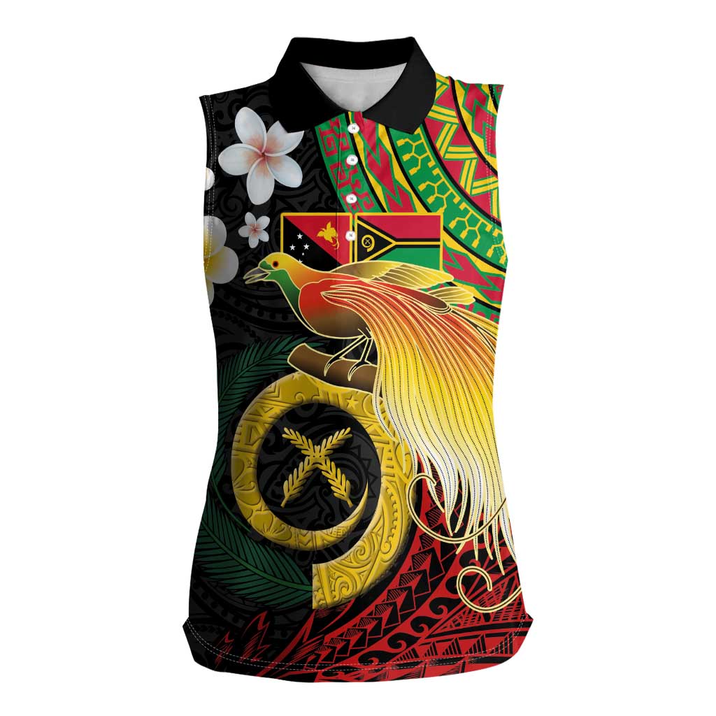 Vanuatu and Papua New Guinea Together Women Sleeveless Polo Shirt Bird-of-paradise and Pig Tusk Melanesian Pattern