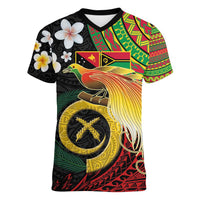 Vanuatu and Papua New Guinea Together Women V-Neck T-Shirt Bird-of-paradise and Pig Tusk Melanesian Pattern