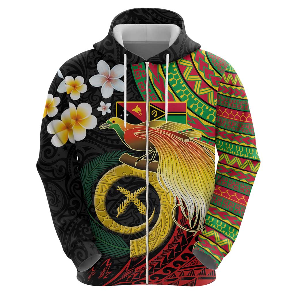 Vanuatu and Papua New Guinea Together Zip Hoodie Bird-of-paradise and Pig Tusk Melanesian Pattern