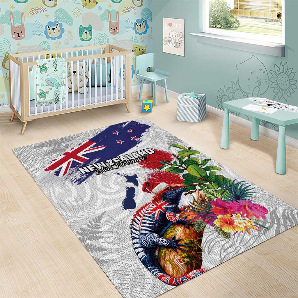 New Zealand Christmas Area Rug Meri Kirihimete-Tuatara and Pohutukawa White Color