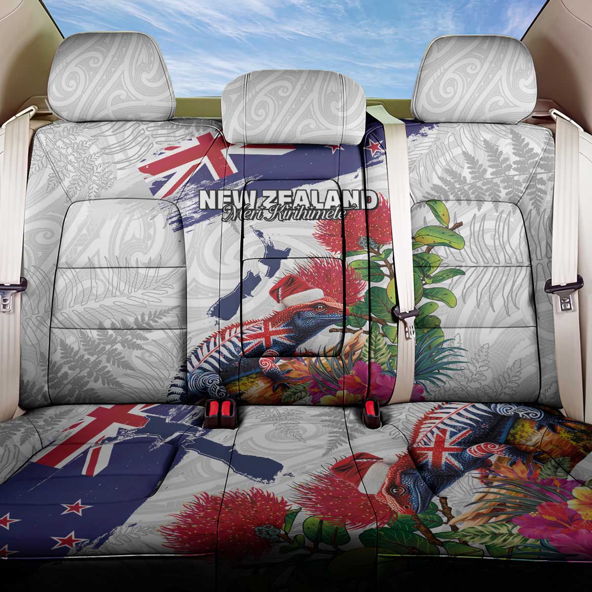 New Zealand Christmas Back Car Seat Cover Meri Kirihimete-Tuatara and Pohutukawa White Color