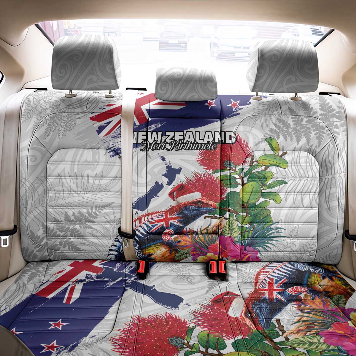 New Zealand Christmas Back Car Seat Cover Meri Kirihimete-Tuatara and Pohutukawa White Color