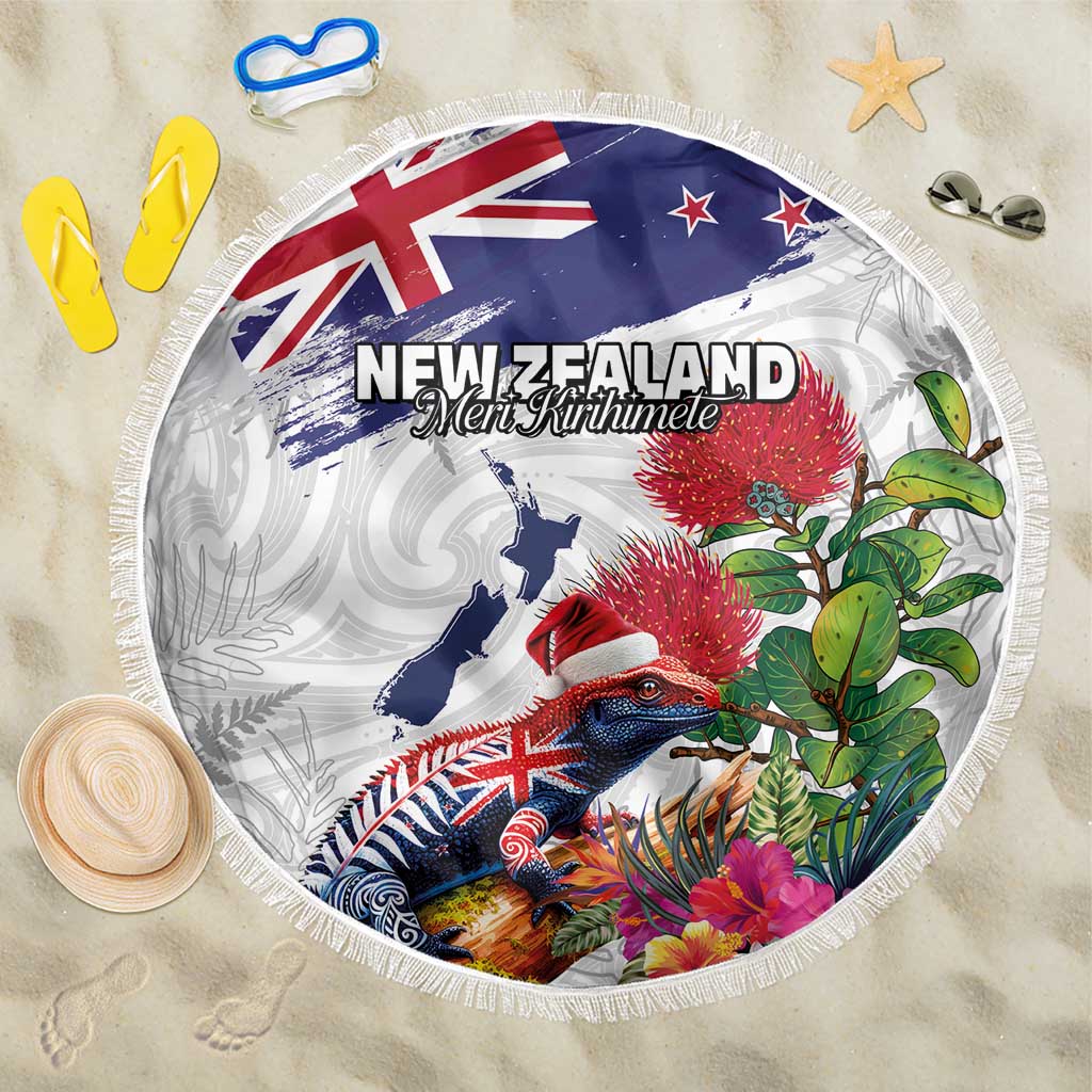 New Zealand Christmas Beach Blanket Meri Kirihimete-Tuatara and Pohutukawa White Color