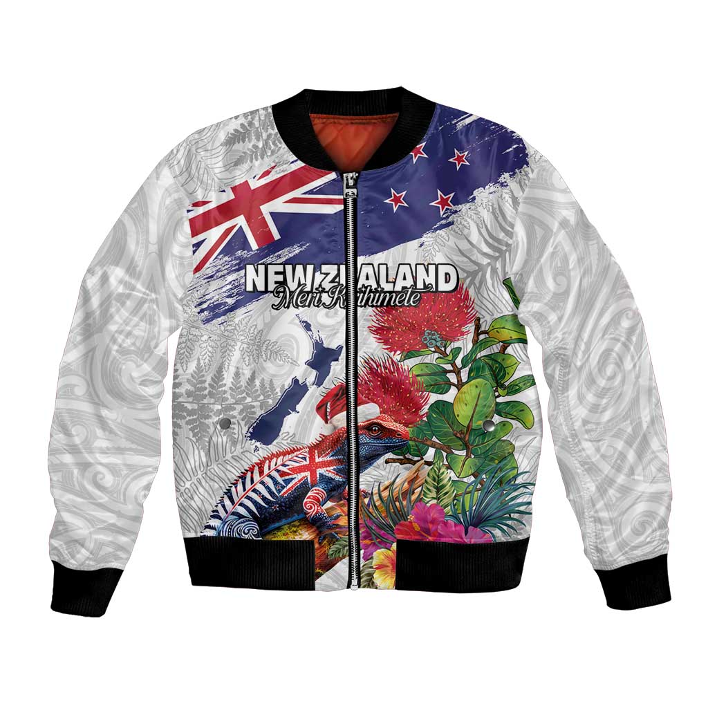 New Zealand Christmas Bomber Jacket Meri Kirihimete-Tuatara and Pohutukawa White Color