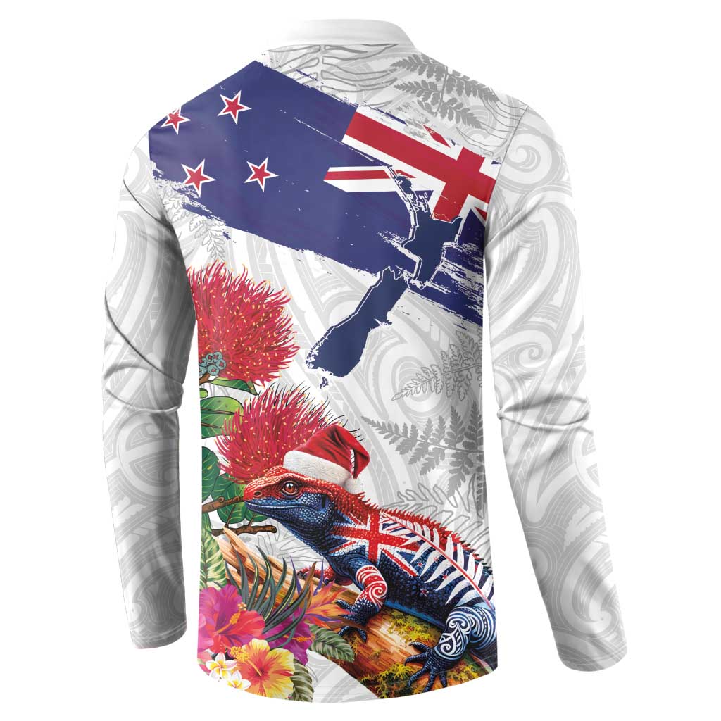 New Zealand Christmas Button Sweatshirt Meri Kirihimete-Tuatara and Pohutukawa White Color