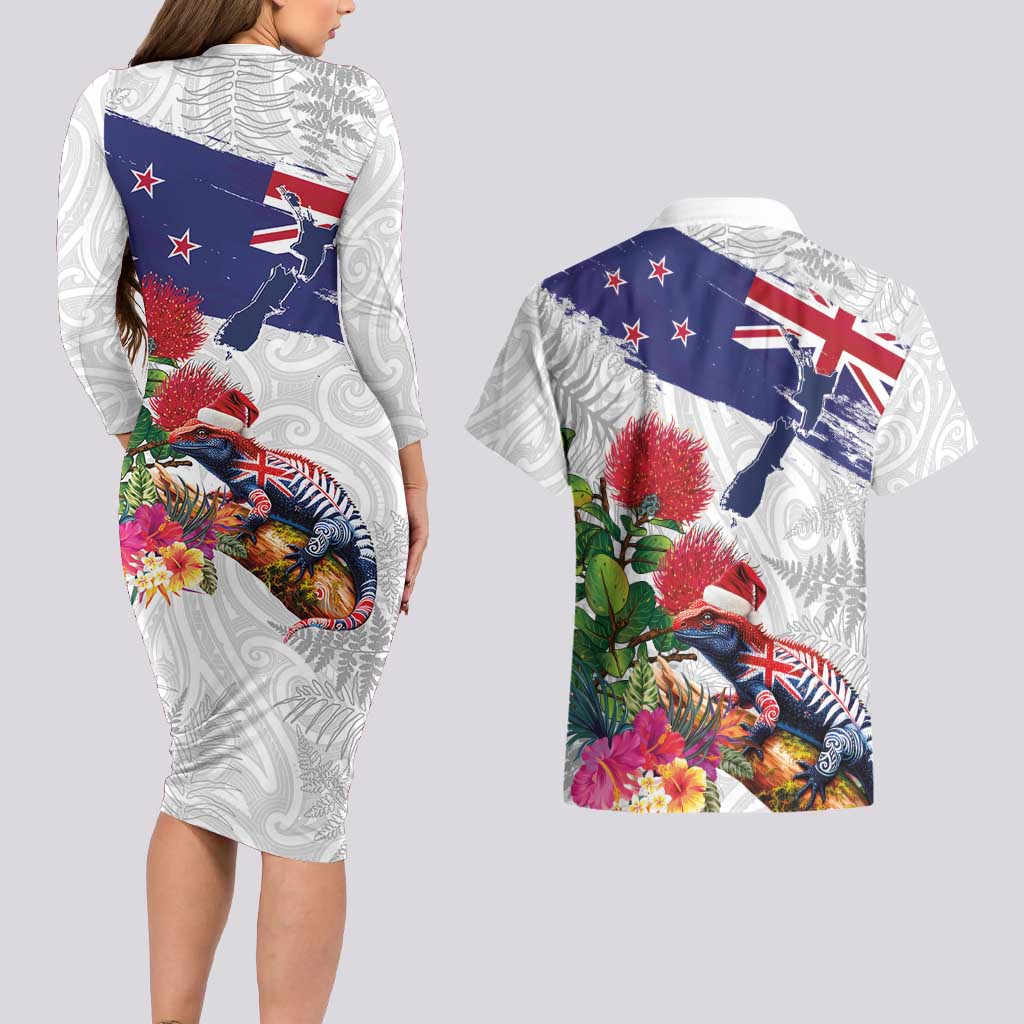 New Zealand Christmas Couples Matching Long Sleeve Bodycon Dress and Hawaiian Shirt Meri Kirihimete-Tuatara and Pohutukawa White Color