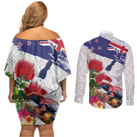 New Zealand Christmas Couples Matching Off Shoulder Short Dress and Long Sleeve Button Shirt Meri Kirihimete-Tuatara and Pohutukawa White Color