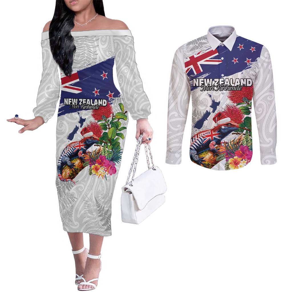 New Zealand Christmas Couples Matching Off The Shoulder Long Sleeve Dress and Long Sleeve Button Shirt Meri Kirihimete-Tuatara and Pohutukawa White Color