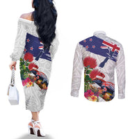 New Zealand Christmas Couples Matching Off The Shoulder Long Sleeve Dress and Long Sleeve Button Shirt Meri Kirihimete-Tuatara and Pohutukawa White Color