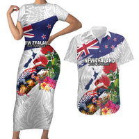 New Zealand Christmas Couples Matching Short Sleeve Bodycon Dress and Hawaiian Shirt Meri Kirihimete-Tuatara and Pohutukawa White Color LT03 White - Polynesian Pride